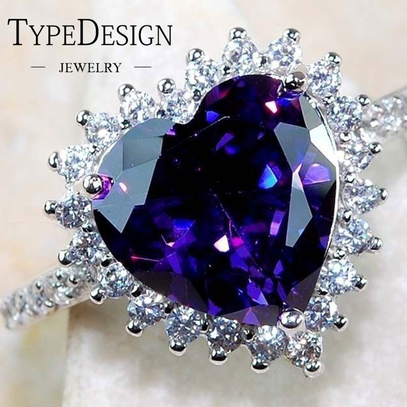 

Romantic Lover Big Purple Heart Ring Silver Color Inlay CZ Stone Engagement Ring Vintage Party Wedding Rings For Women
