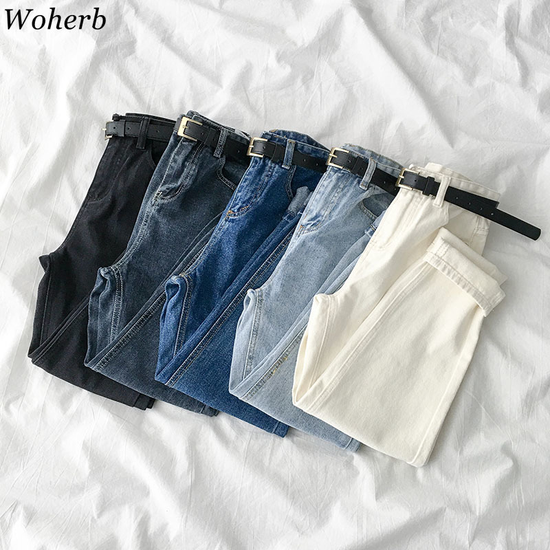 

Woherb Ladies Clothes Korean new Spring High Waist Belt Harem Pants Loose Straight Casual Simple Street Denim Jeans Woman 92090, Black