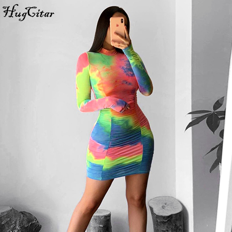 

Hugcitar 2020 tie dye long sleeve ruched sexy mini dress summer women fashion streetwear outfits bodycon sundress, Multi color
