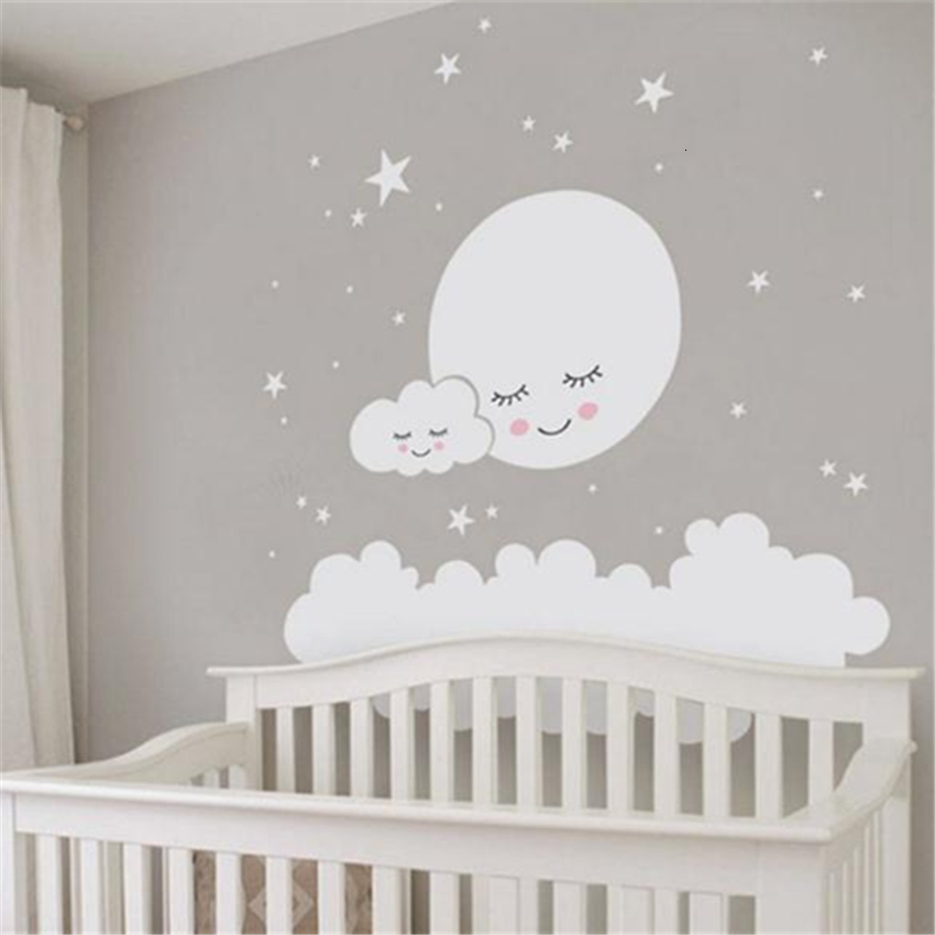 Luna llena con nubes estrellas tatuajes de pared para ni/ños habitaciones de guarder/ía pegatinas de pared extra/íbles de vinilo para beb/és sala de ni/ños decoraci/ón de la pared