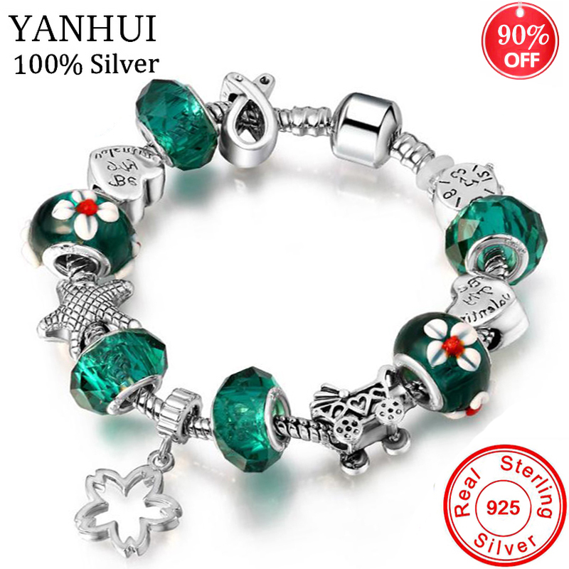 

YANHUI DIY Style Flower Charm Bracelet Bangle For Women Glass Beads Crystal Ball Brand Bracelet For Women Wedding Jewelry Gift