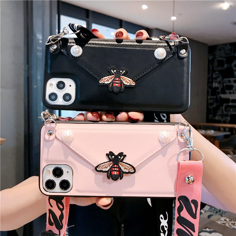 

Nice Luxury Designer bee wallet lanyard Crossbody Phone case For iPhone 11Pro XS Max XR 7 8 Plus Leather Card Slot With Shoulder Strap Cover
