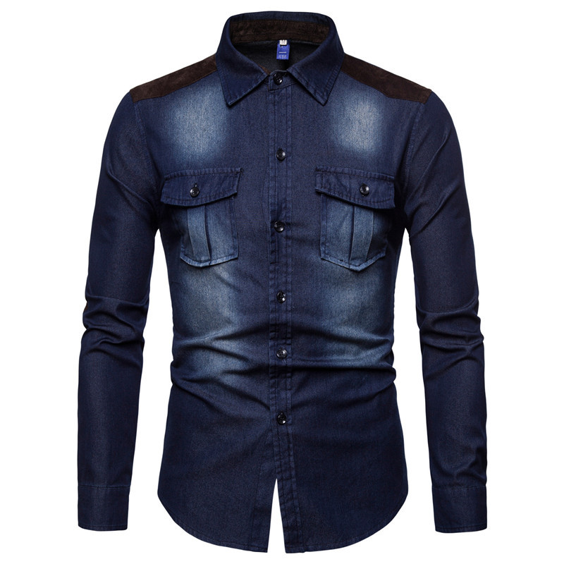 

Solid Color Mens Casual Denim Shirts Fashion Pockets Panelled Mens Designer Denim Shirts Casual Males Clothing, Blue1