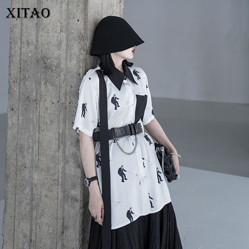 

XITAO Print Pattern Blouse Chiffon Hit Color Single Breast Goddess Fan 2020 Summer Minority Loose Elegant Shirt Top DZL1011, White dzl1011