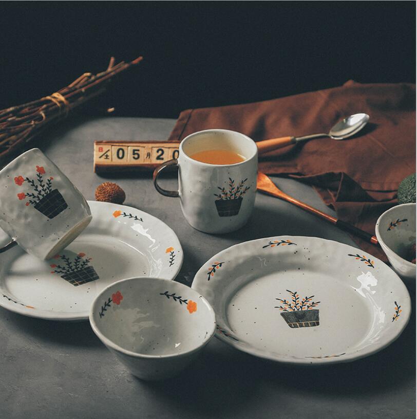 Handmade pottery tableware bowl Dinnerware Sets plate cup set INS tablewares hand-painted small flower mug Western dessert plates salad bowls and-image-549422397