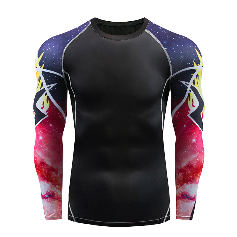 

New Men's Sports Fitness Clothes Quick-Drying Moisture Wicking Fitness Outdoor Running Tattooed Arm Tights T-shirt, 01