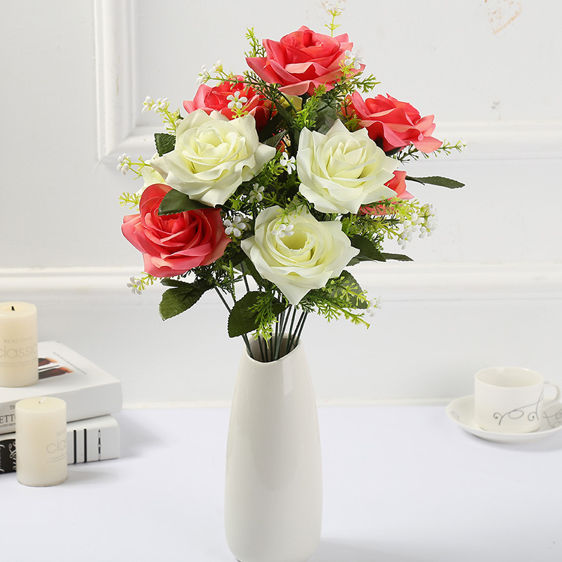 

12 Heads Silk Artificial Rose Flowers for Bride Wedding Party Festival Supplies Fake Flower Home Decor Bouquet Party Decoration, Dark purple white