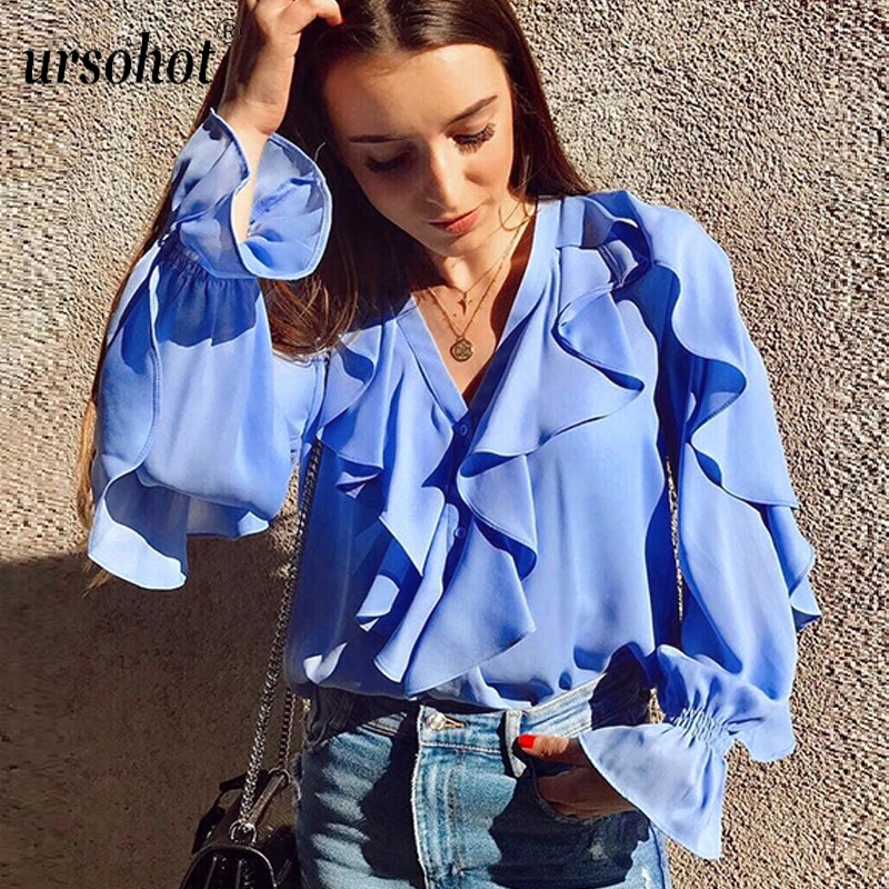 

Ursohot Summer Ruffle Sexy Shirt Women V Neck Office Blouse Button Cardigan Chiffon Blouses Casual Puff Sleeve Tops Smock Shirts, White