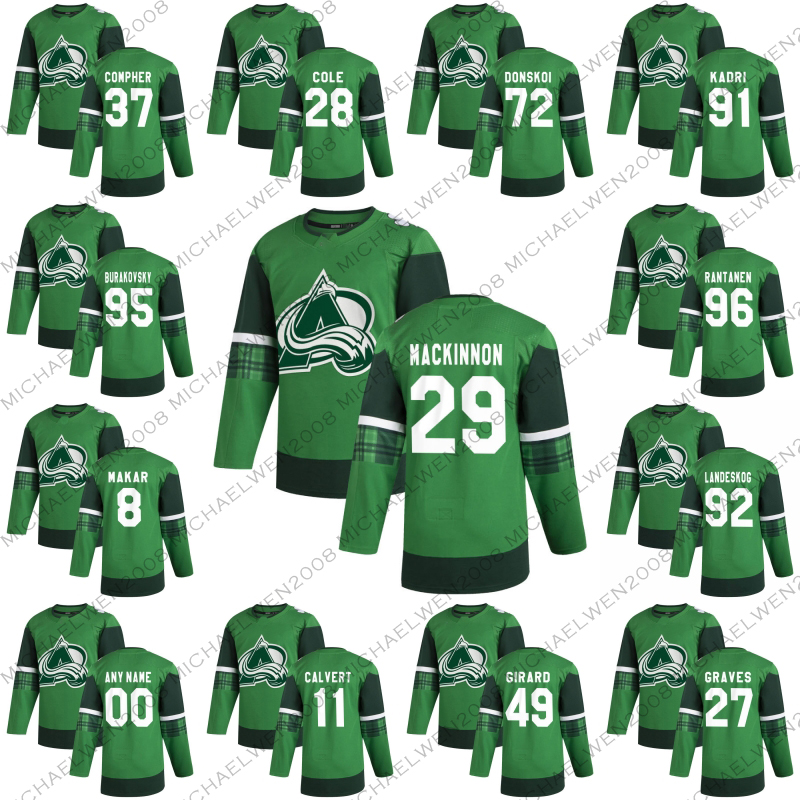 

2020 St. Patrick's Day Colorado Avalanche Nathan MacKinnon Mikko Rantanen Cale Makar Burakovsky Donskoi Forsberg Naze Kadri Landeskog Jersey, Black;red