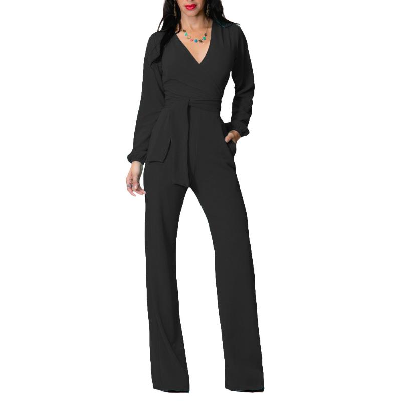 Women Round Neck Long Sleeve Solid Color 2020 Autumn Winter Office Work Elegant Clothes Playsuit Ladies Slim Long Jumpsuits
