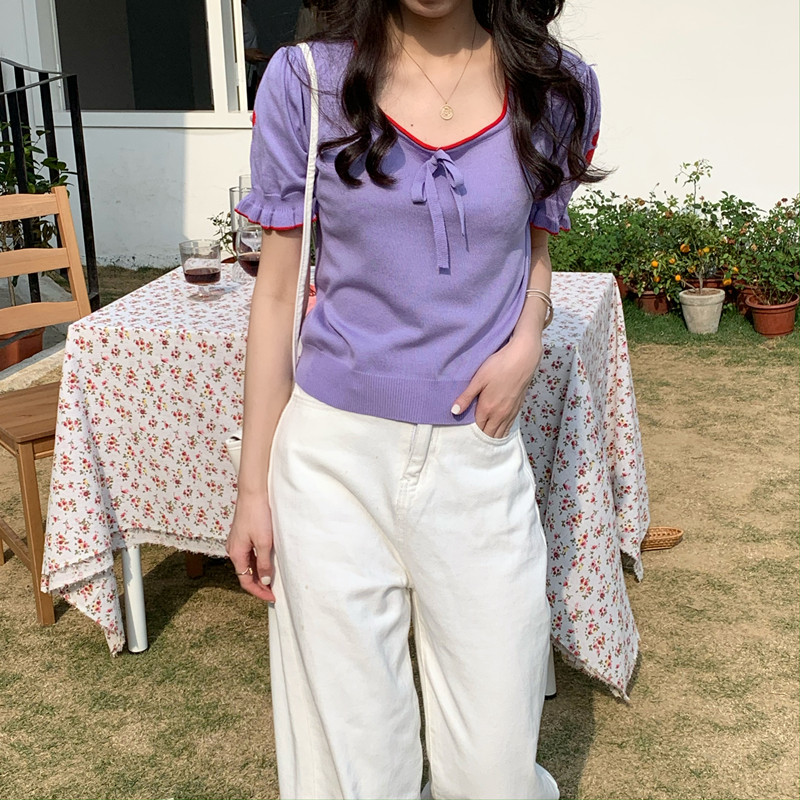 

Women Patched O-neck Summer Thin Sweater Crop Tops Woman Sweet Ruffles Short Sleeve Sweaters Pullovers Female Shirts, Beige