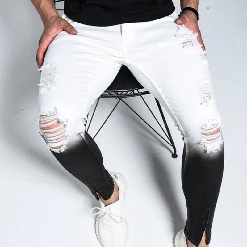 

Gradient Color Ripped Jeans Men Casual Slim Fit Skinny Jeans Homme Brand Motor Biker Hip Hop Zipper Denim Pants Trouser, White black