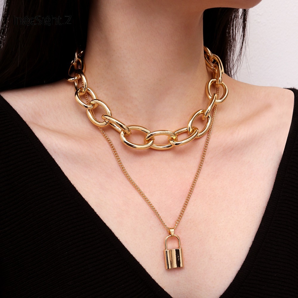 

Vintage Multilayer Gold Color Curb Cuban Chunky Thick Choker Necklace Collar Lock Pendant Necklace For Women Jewelry