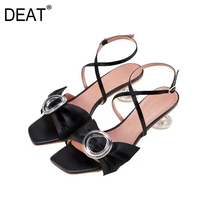 

[DEAT] 2020 New Spring Summer Square Toe Shallow Silk Buckle Strap Bowknot Cross Band High Heels Sandals Women Fashion 10B395, Black