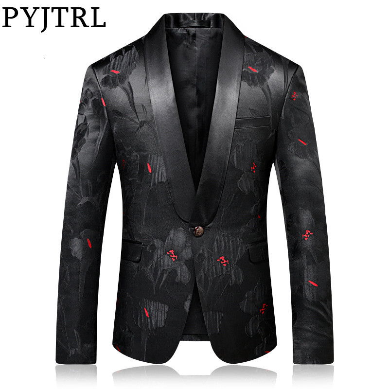 

PYJTRL Quality Blazer Men Luxurious Jacquard Black Red Floral Pattern Causal Suit Jacket Night Club Singers Stylish Suit Jacket, Picture color