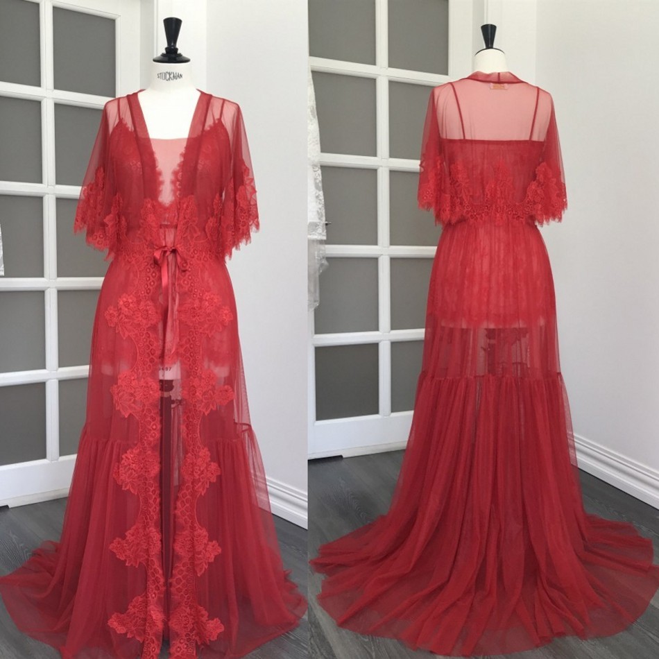 Robes de mariée en deux pièces rouges, bretelles Spaghetti, vêtements de maison en dentelle appliquée, peignoir pour femmes, longueur au sol, rob