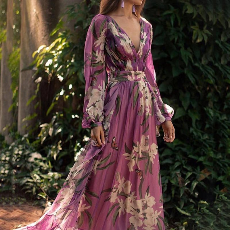 

Purple Floral Print Party Long Dress Women Summer Beach Long Sleeve Tunic Sexy Deep V Neck Boho Holiday Vintage Maxi Dresses NZ19.11-709