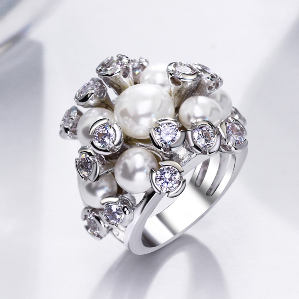 

Latest big ring with pearl Pretty jewelry Fast shipping best gift for women High quality crystal CZ flower large Rings