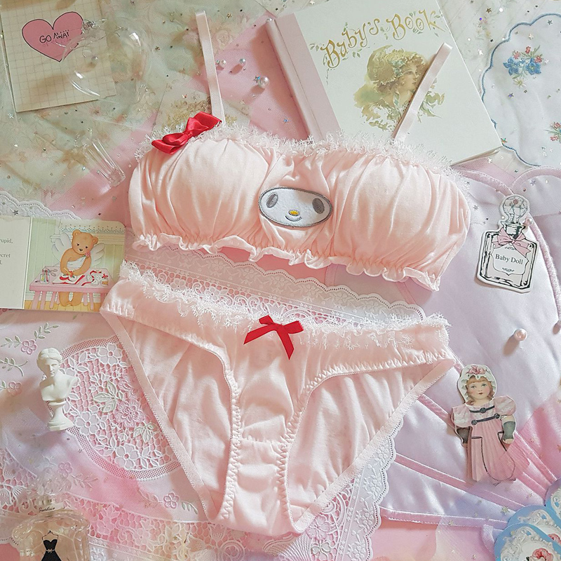 

Japanese Lolita Sweet Cute Lace Set Underwear Lounge Wear Cartoon Wirefree Ultra Thin Bra and Panty Thong Sets Bralette Lingerie