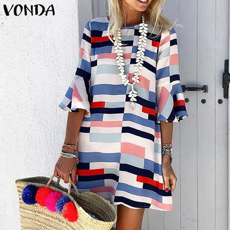 

Women'Dress Summer Holiday Beach Sundress 2020 VONDA Sexy Half Flare Sleeve Plaid Party Mini Dress Casual Vestido Plus Size, As picture