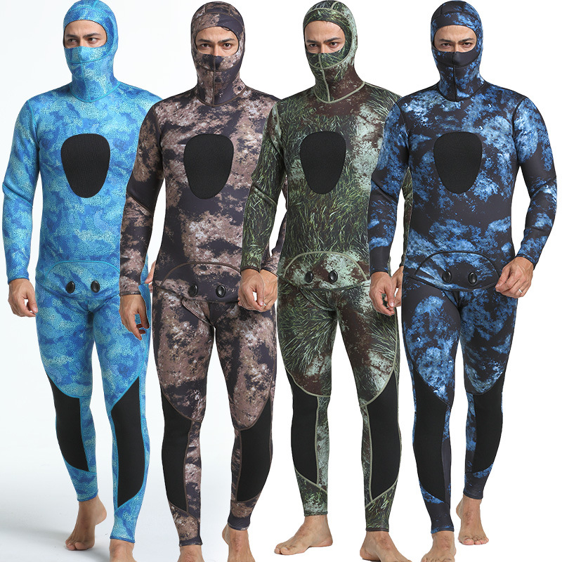 

3mm Camouflage Long Sleeved Fission Hooded Two Pieces Of Neoprene Submersible Suit For Men Keep Warm Waterproof Diving Suit