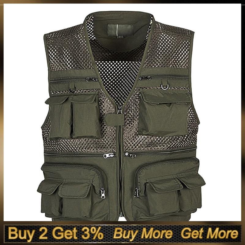 

Classic Outdoor Mens Spaot Vests Quick Dry Breathable Multi Pocket Mesh Jackets Solid Hiking Vest For Men Outdoor Veste Homme, Khaki