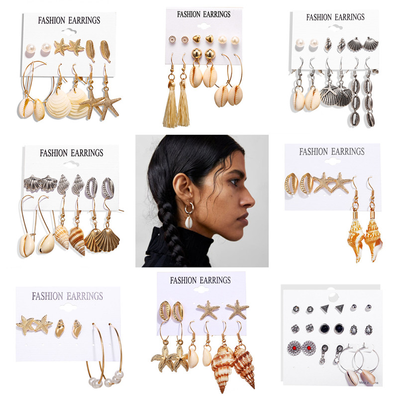 

New Vintage Silver Gold Color Natural Shell Dangle Earrings Sets For Women Summer Beach Bohemian Style Pearl Starfish Mix Drop Earring HZ