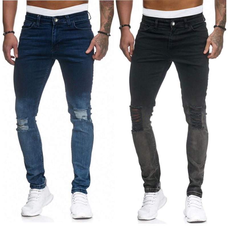 

Stretchy Ripped Biker Jeans Men Brand New Skinny Denim Pants Trousers Casual Destroyed Hole Taped Jeans Slim Fit Pencil Pants, Dark blue