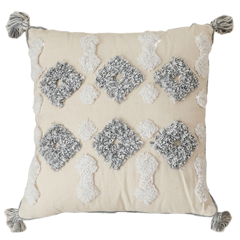 

Moroccan Style Cushion Cover Tuft Tassels Handmade Neutral Decoration Pillow Cover for Sofa Bed Grey Ivory Diamond Stripe Pillow Case, Beige gray