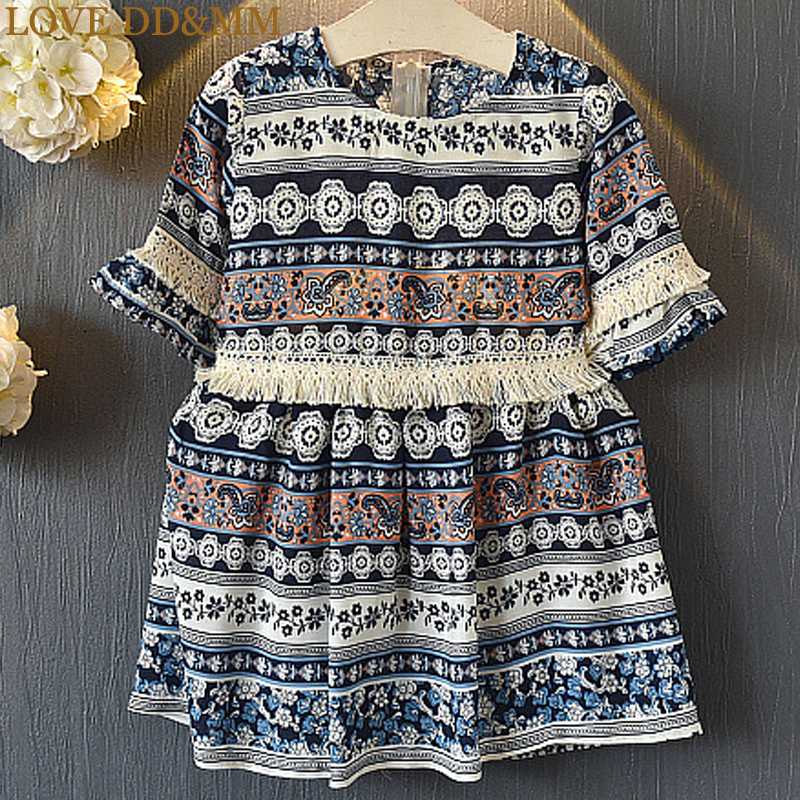

LOVE DD&MM Girls Dresses 2020 Summer New Children's Clothing Girls Retro Trend Tassel Chiffon Round Neck Dress, Blue