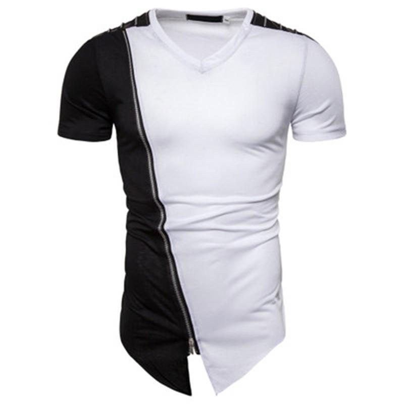 

Designer Men Tees Hit Color Shoulder Short Sleeve Fashion Trend Zipper Mens TShirts Summer Streetwear Diagonal Hem Hip Hop Tshirt Clothing