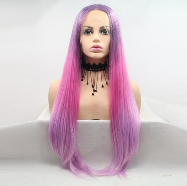 

European and American movie stars with the most fashionable purple gradient 22-24 inch long straight hair front lace chemical fiber wig, Photo color