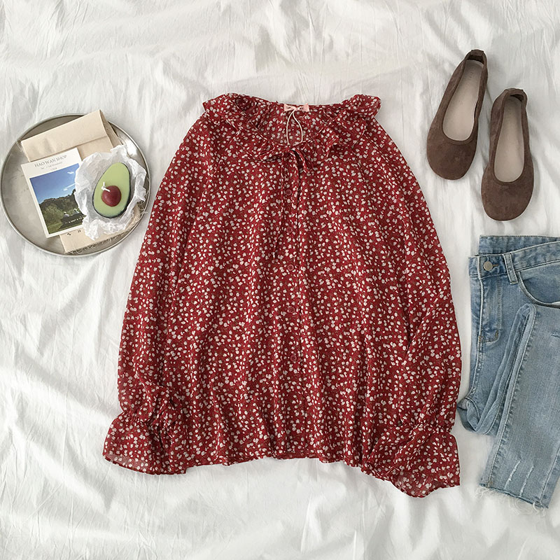 

2020 Floral Print Ruffle Cuff Elegant Blouse Top Women Autumn Fashion Long Sleeve Ladies Basic Casual Blouses, Red
