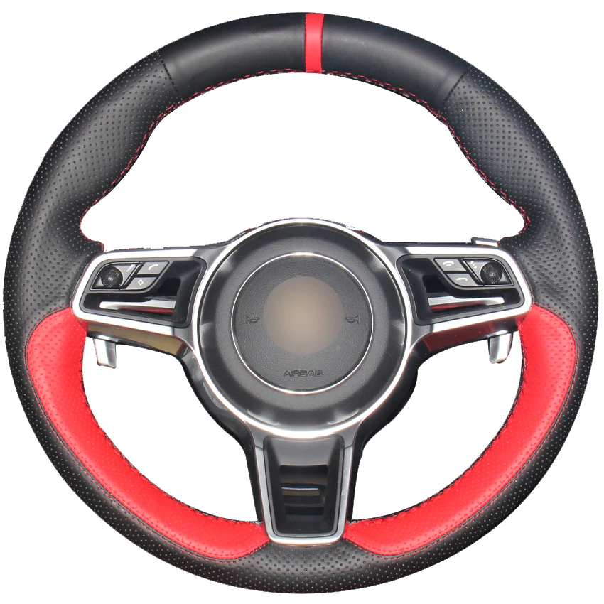 Rouge Cuir naturel en cuir noir naturel rouge Marqueur couverture de volant de voiture pour Porsche Macan Cayenne 2015 2016