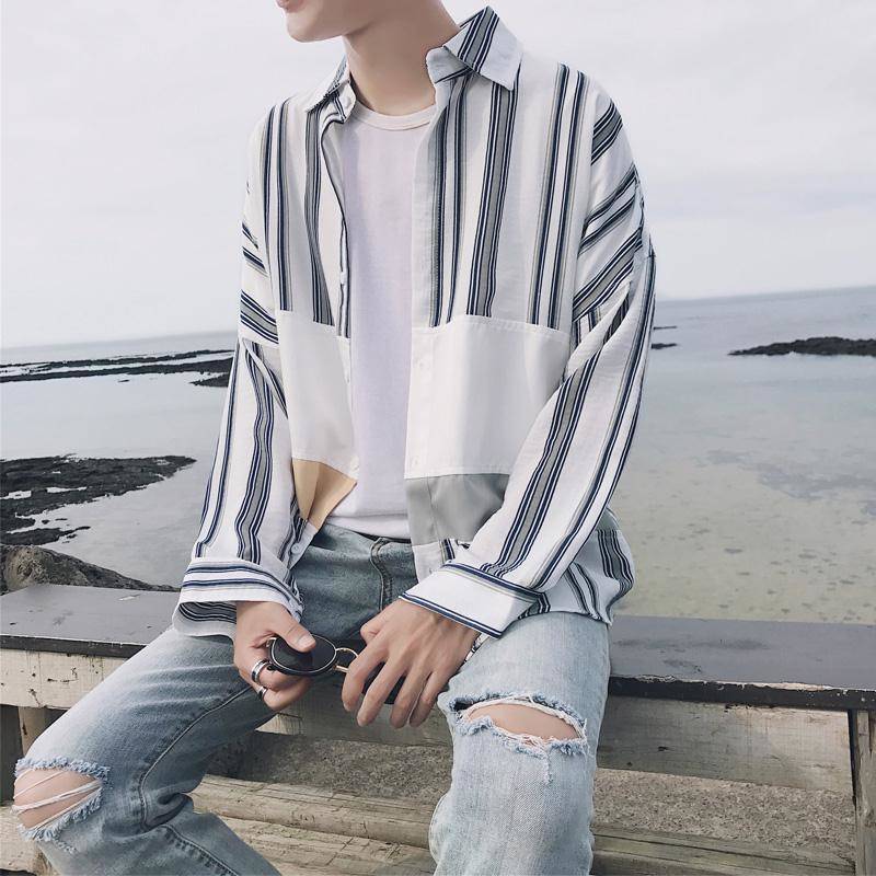

Spring Long Sleeve Loose Ulzzang Korean Version Fashion Ins Super Fire Shirt Men's Stripes Hong Kong Style Casual Shirt