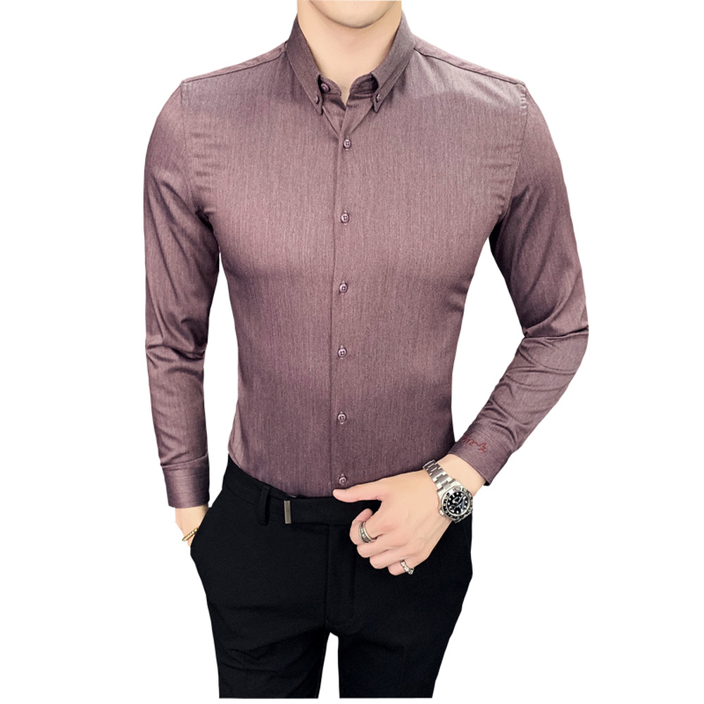 

Fall 2019 New Mens Fashion Boutique Pure-color Formal Business Long-sleeved Shirts Groom Wedding Dress Shirt Social Casual Shirt, Blue