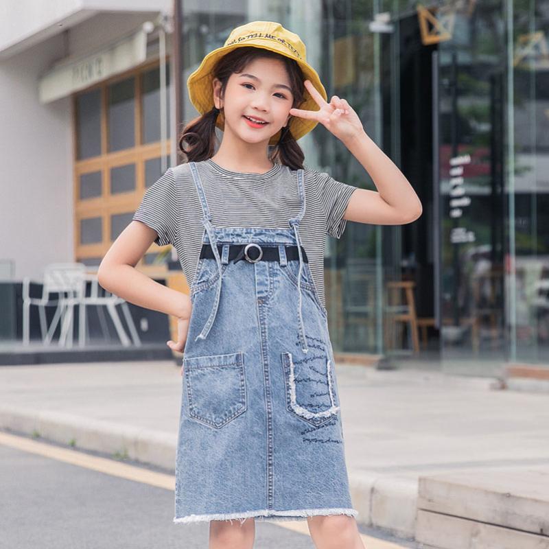 

YourSeason Girls Korean Style Denim Set 2020 Fashion Stripe O Neck T Shirts And Strap Pocket Dress Teenager Girls Two Piece Suit, Picture