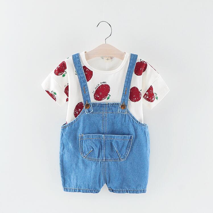 

Children's spring and autumn children's suit baby spring and autumn loaded apple long-sleeved denim bib two-piece 2019, Blue
