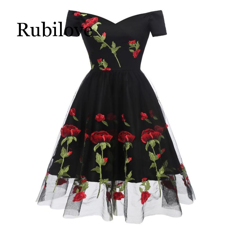 

Women Rose Embroidery Tulle Lace Dress Woman Black Retro Swing Vintage Dress Short Sleeve Flare Skater Formal Party Dresses