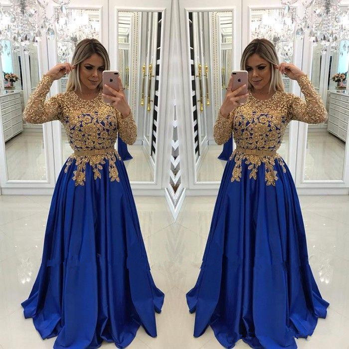 

Vintage Long Sleeves Mother of The Bride Groom Dresses Gold Appliques Beaded Royal Blue Long Evening Prom Gowns Formal