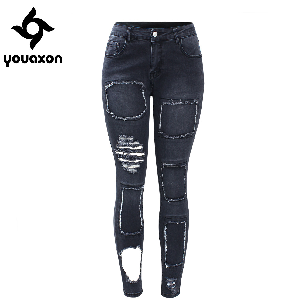 

2098 Youaxon Black Patchwork Jeans New Women`s Mid Waist Torn Stretchy Denim Trousers Ripped Skinny Jeans Woman Free Shipping