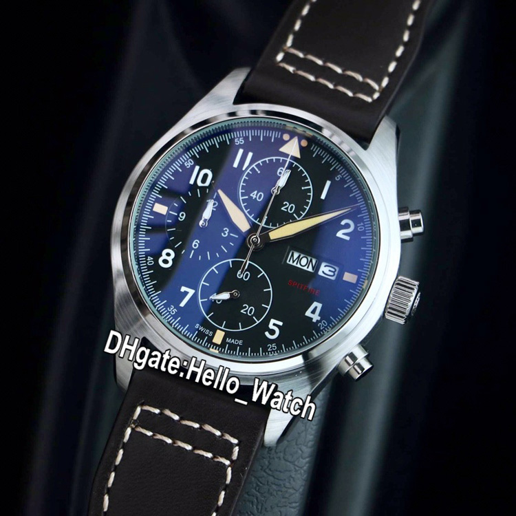 

New Pilot Spitfire Fighter Day Date Steel Case Black Dial IW387903 Japan 6S00 Quartz Chronograph Mens Watch Brown Leather Strap Hello_Watch, Waterproof service