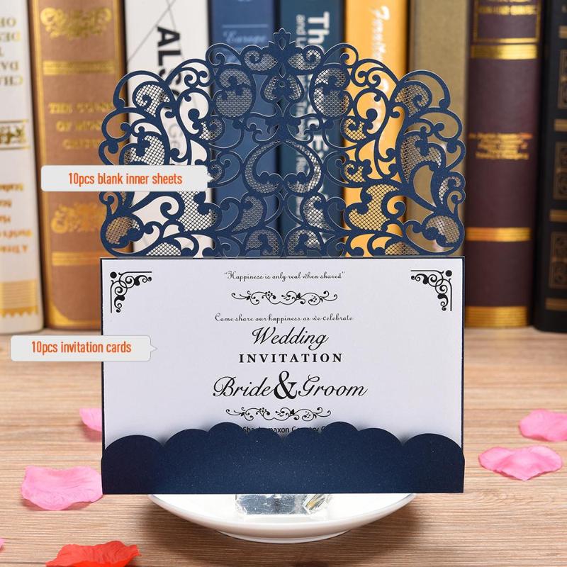 

Hot 10pcs Blue White Gold Elegant Laser Cut Wedding Party Invitation Cards Greeting Card Customize Business With 10pcs Inner She