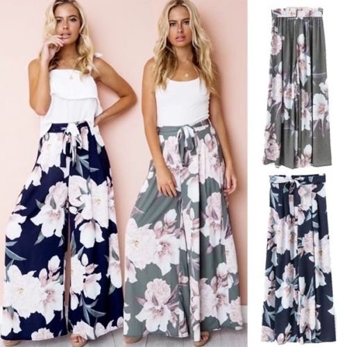 

New Fashion Women Hot Summer Floral Palazzo Pants High Waist Wide Leg Culottes Casual Long Trousers Loose Casual Daily Clothes, Gray