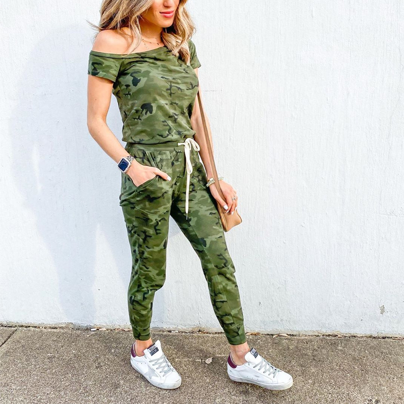 

Women' Off Shoulder Solid Casual Camouflag Loose Playsuit Bodycon Short Sleeve Jumpsuit Romper Trousers 2020 New Black overalls, Gray