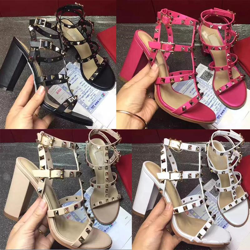 

2018 high quality European style brand shoes imported leather female sandalsdesigner has tag female slippers women's fashion high heels, Black