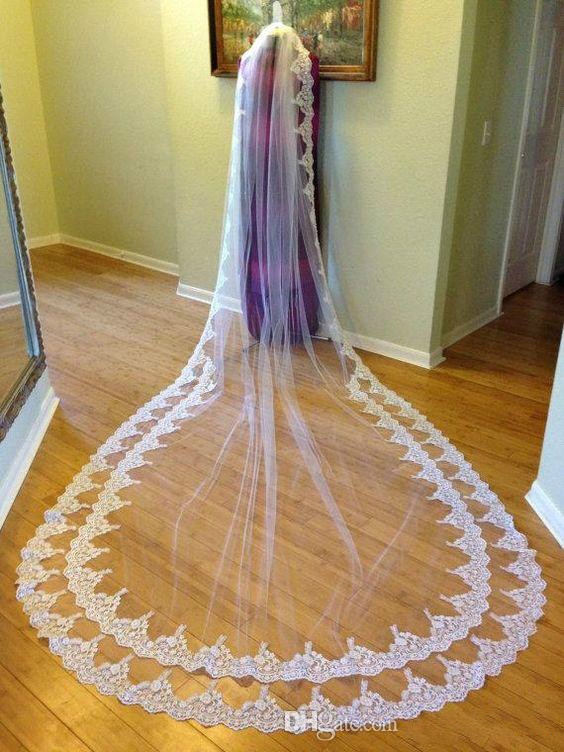 

Princess Wedding Veils Long One Layer Custom Made Cheap Bridal Veils Lace Appliqued Edge Bride Veil Free Shipping 250cm, Ivory