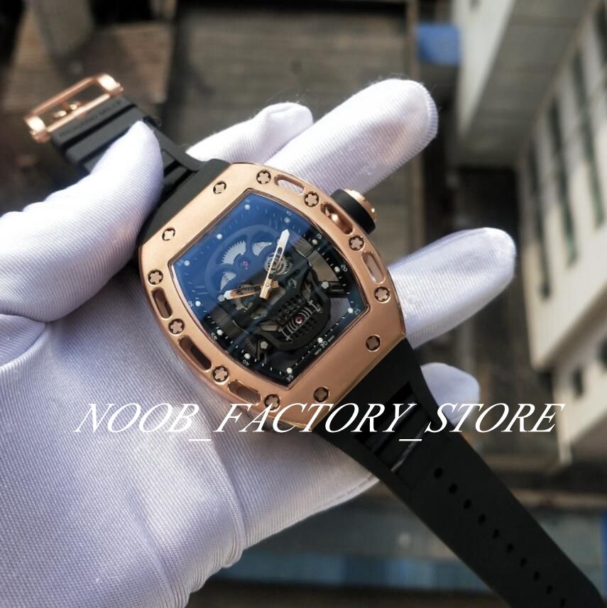 

Luxury Super Factory Rose Gold RM052 AL New Skull Dial Black Rubber Strap Automatic Movement Transparent Back Men Watch Watches, 01