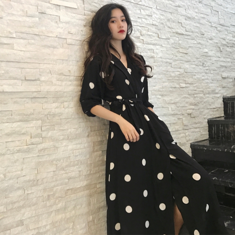 

Summer Woman Dress Style Fashion V-neck Ladies Long Dress Casual Half Sleeve Dot Female New 2018, Black