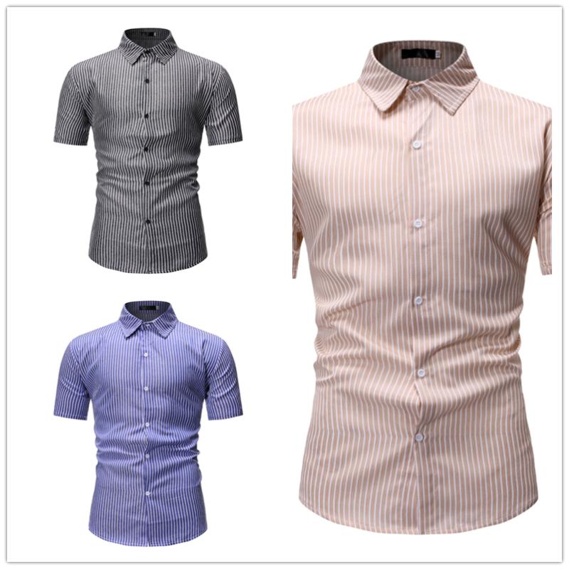 

2020 Summer New Fashion Trend Youth Slim Casual Pinstripe Short Sleeve Shirt Shirt, As picture